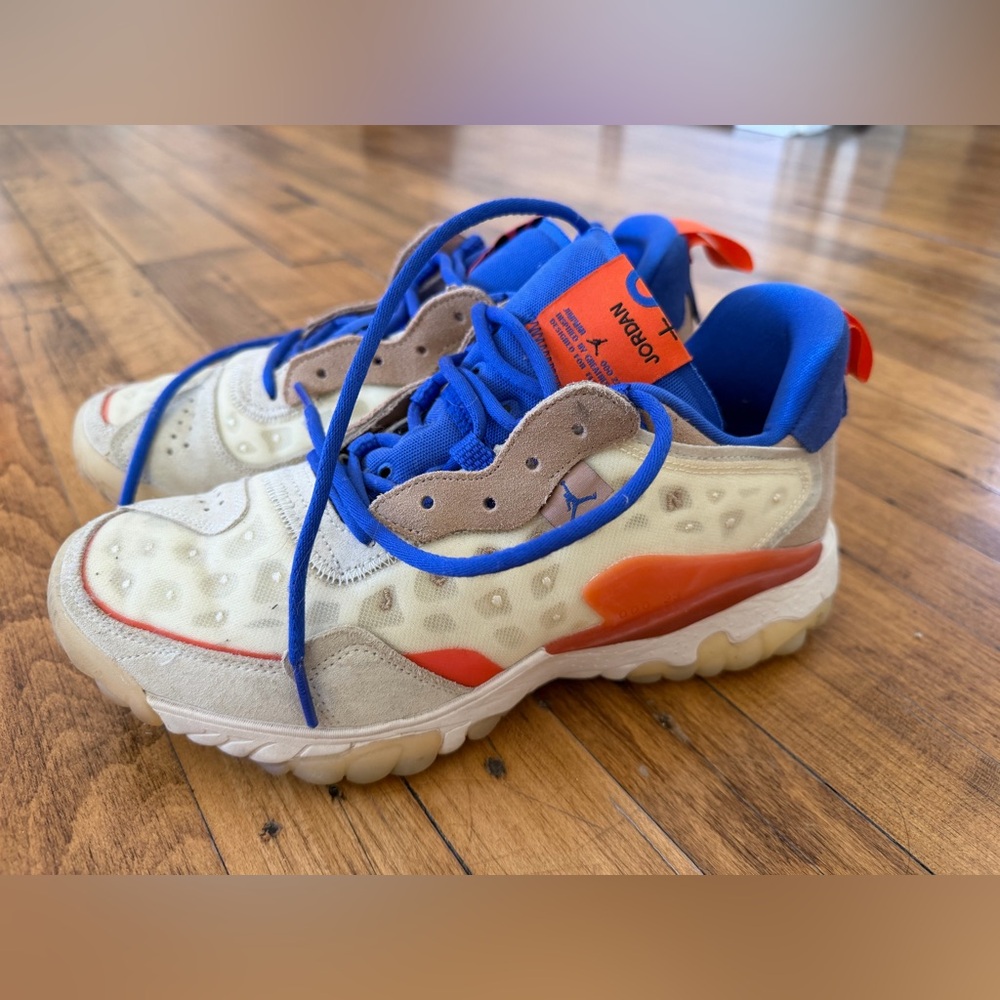 Nike Air Jordan Delta 2 Cream Sneakers with Blue Laces and Orange Accents
